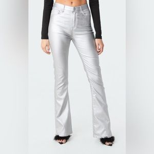 edikted Luna Faux Leather Flare Jeans Silver